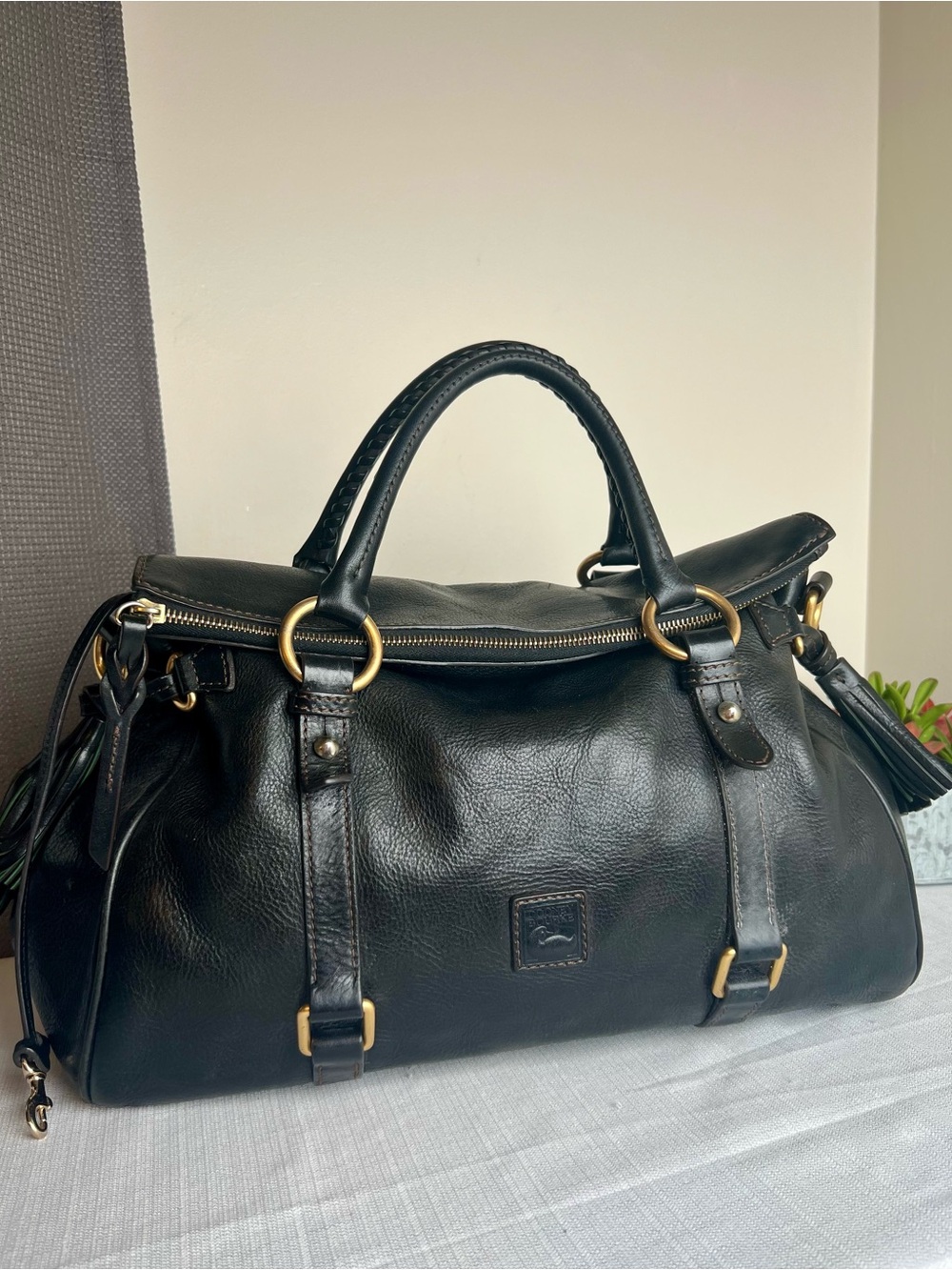 Dooney & Bourke Florentine Black Leather Satchel with Brass Hardware